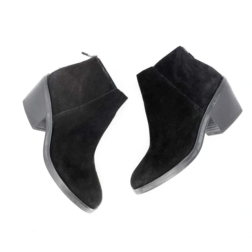 Eileen Fisher Rove Ankle Boots Black Suede Size 8.5 Block-Heel Zip Booties EUC